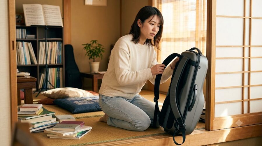 自宅の和室で、軽量で頑丈な新型テナーサックスケースのストラップを調整する日本人女性ミュージシャン