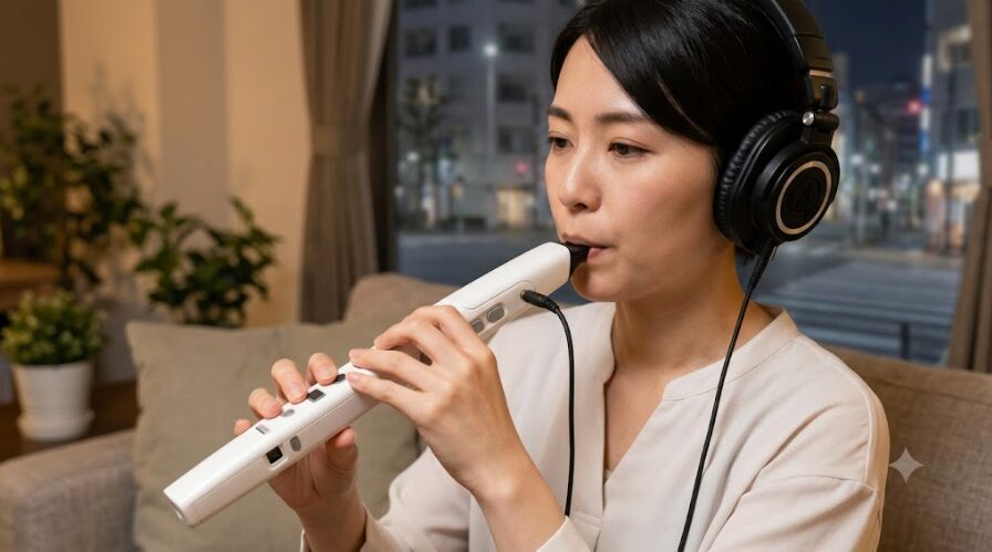 自宅のリビングで、騒音を気にせず練習するために、ヘッドホンを着用してデジタル・ヴェノーヴァを演奏する日本人女性。