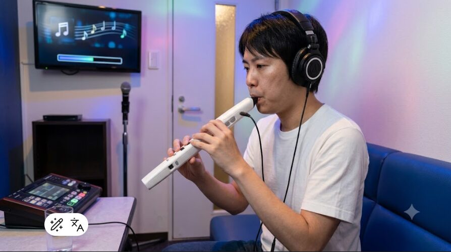 防音対策が施されたカラオケボックスの個室で、ヘッドホンを着用してヴェノーヴァの練習に集中する日本人男性。